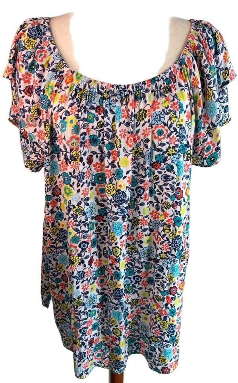 Terra & Sky Floral Blouse Size 1X (16W-18W) Arctic White Off The Shoulder